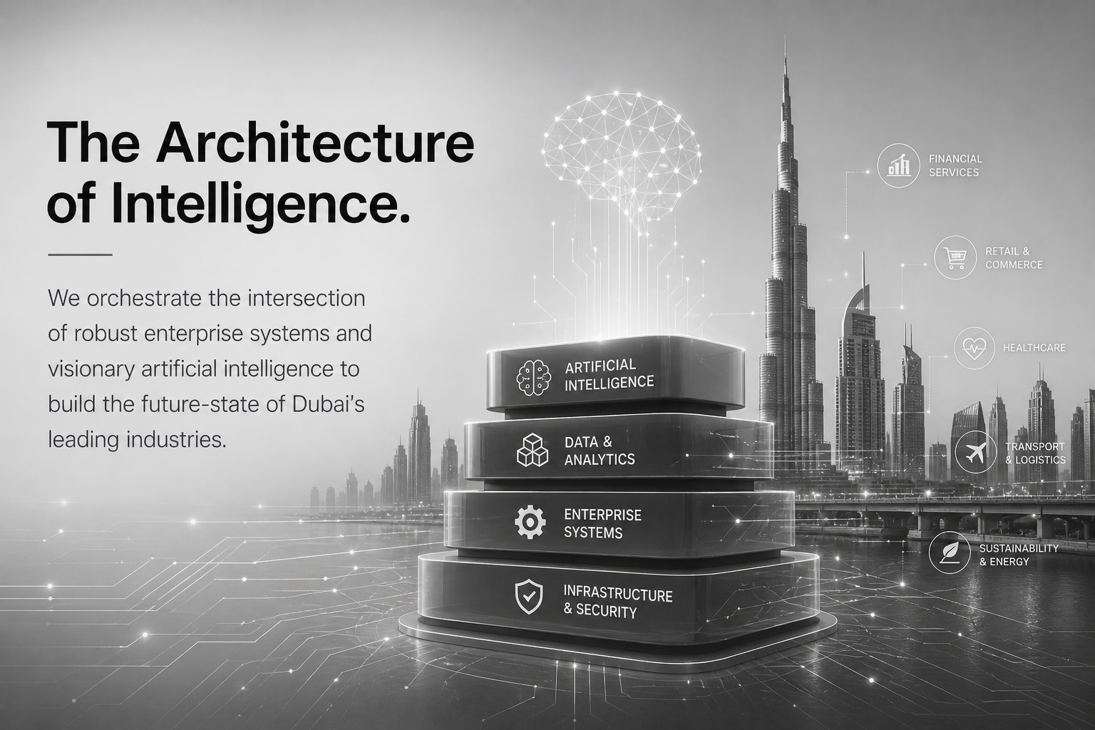 Layered architecture of intelligence with a brain motif and Dubai skyline backdrop.