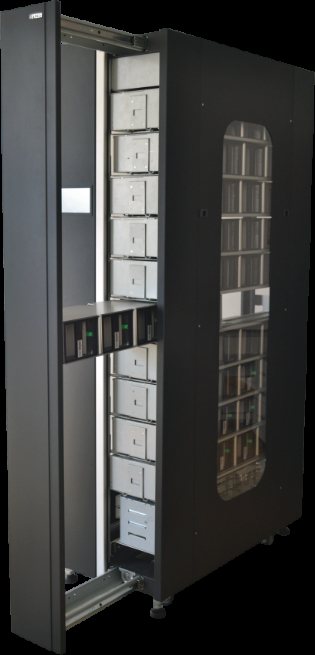 Interior of an enterprise tape library showing cartridge slots